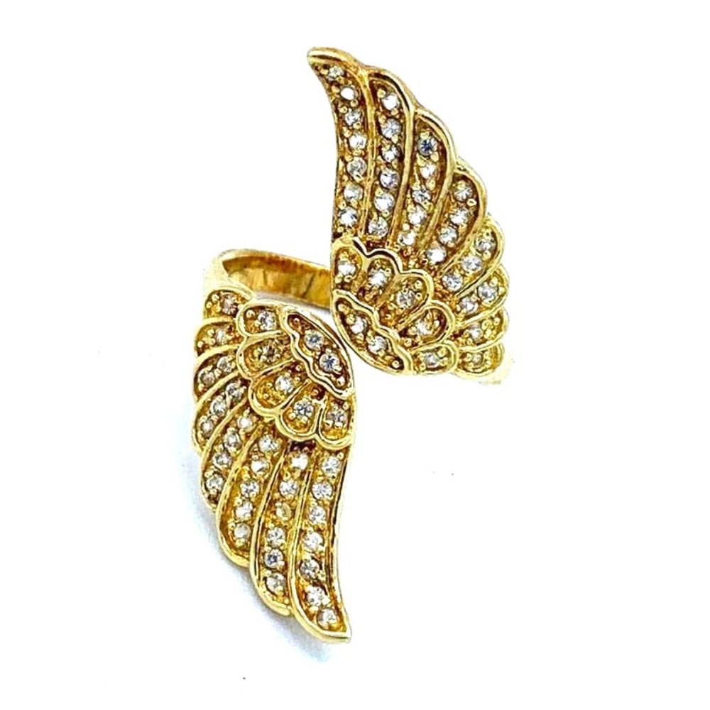 GSJ 925 SILVER Vintage Designer CZ Gold Vermeil Wings Ring - Sz 7
